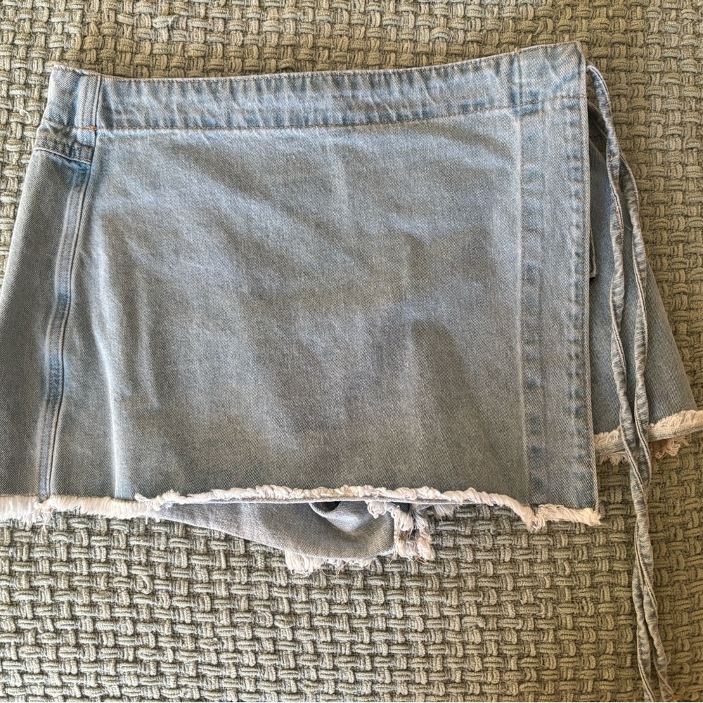 Light Wash Denim Wrap Skort with Frayed Hem